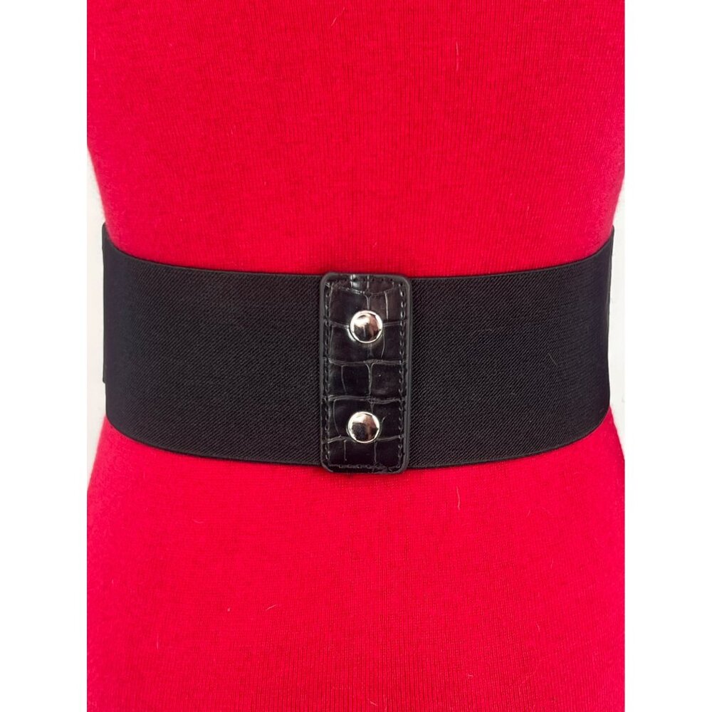 Black Faux Leather Corset Lace-Up Front Snap Closure Croc-Embossed Wide Belt - Picture 4 of 14